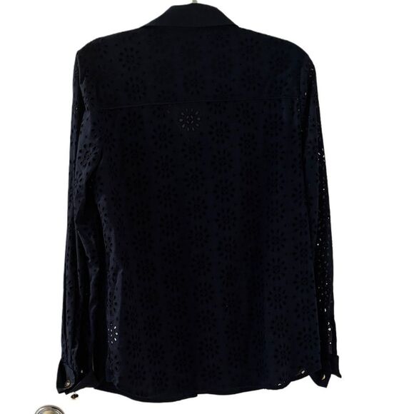 Tory Burch navy blue Liam eyelet sleeve button down top size 10 - Picture 5 of 11